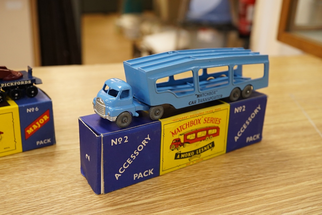 Fourteen Matchbox Series and early boxed Models of Yesteryear, including three Major Packs; No.1; Caterpillar Earthmover, No.3; Mighty Antar tank transporter and Centurion tank, No.6; Scammell transporter, together with
